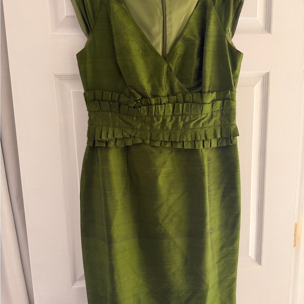Kay Unger Olive Green Satin Midi Dress